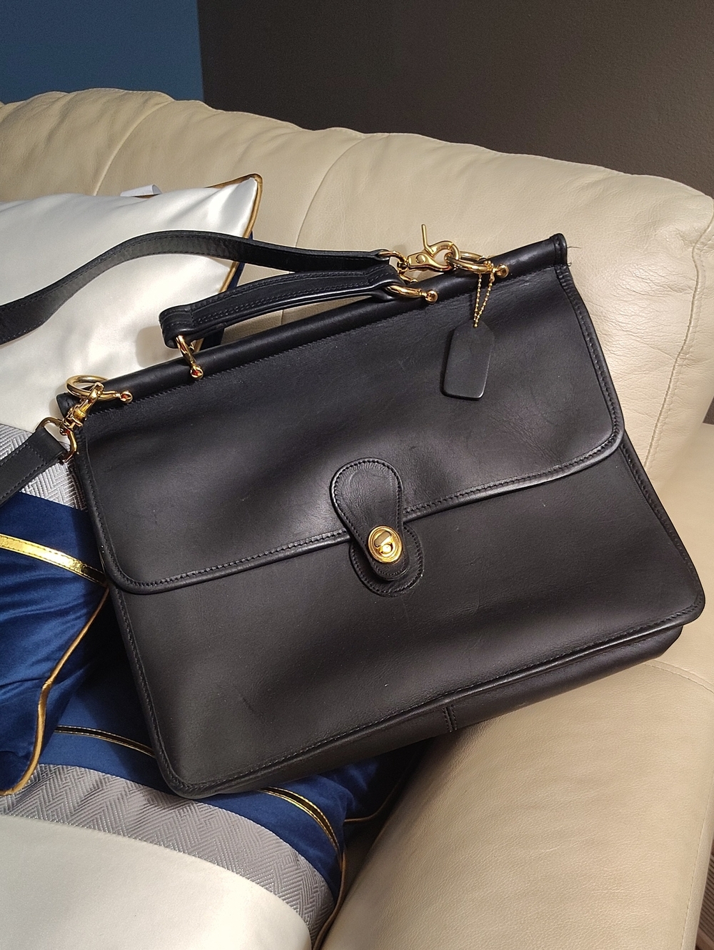 Black Leather Unisex Briefcase with Gold-Tone Hardware